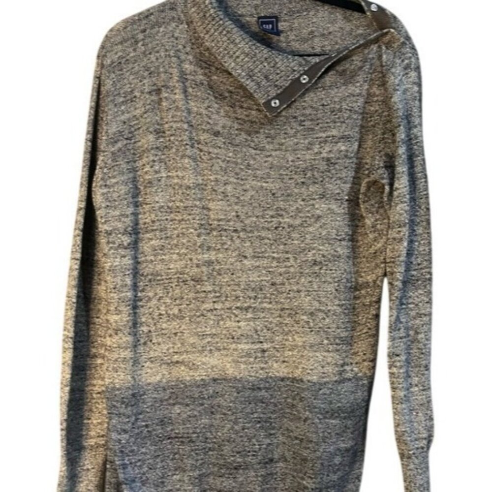 Gap Womens Gray Marled Mock Turtle Neck Sweater Button Ribbed Long Sleeve Relax